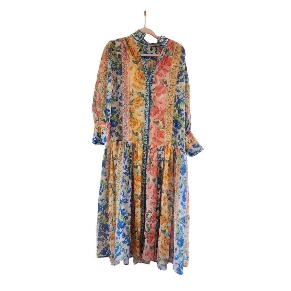 Karolina maxi drop waist semi sheer dress button down size Medium